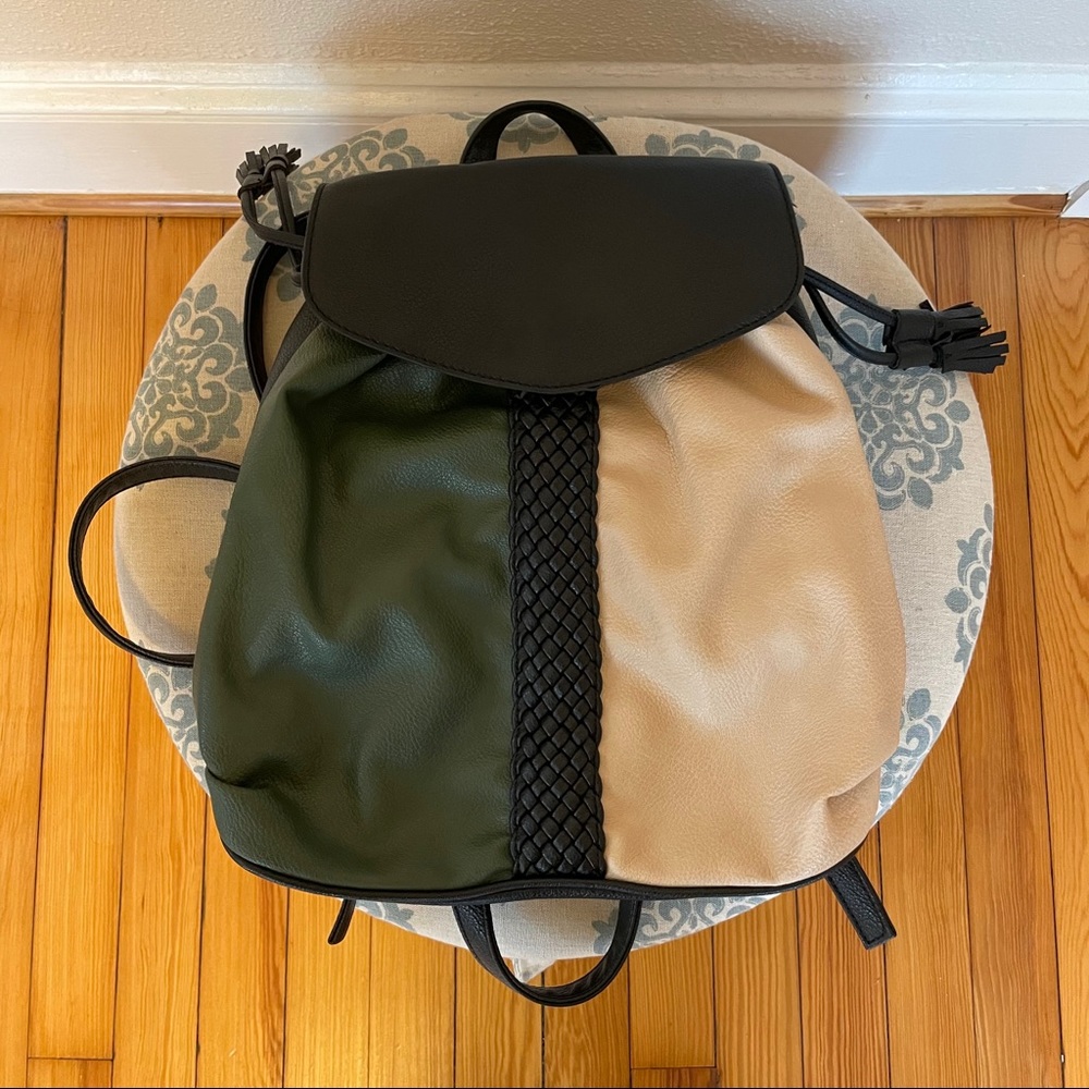 Faux Leather Stylish Backpack Black, Cream & Dark Green